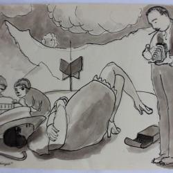 Dessin original a l'encre lavis Le pique-nique