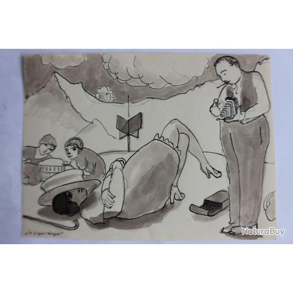 Dessin original a l'encre lavis Le pique-nique