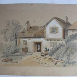 Dessin original au crayon rehaussé XIXe Ferme Haute-Savoie