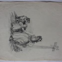 Dessin original au crayon XIXe