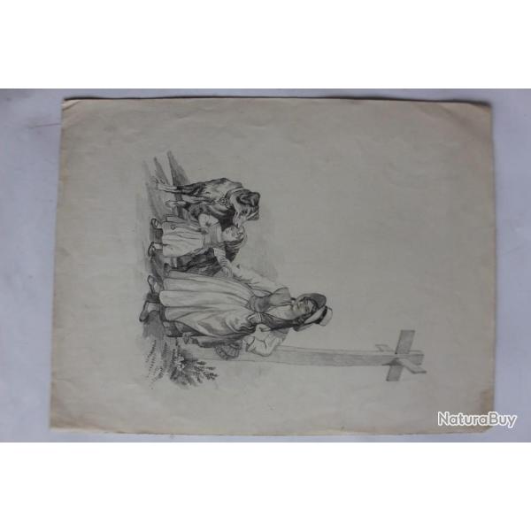 Dessin original au crayon XIXe