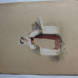 Dessin original au crayon réhaussé XIXe Costume populaire Suisse
