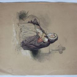 Dessin original au crayon réhaussé XIXe siècle femme à l'enfant