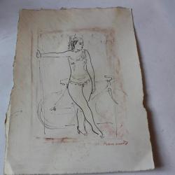 Dessin original Maurice Barraud étude femme et vélo