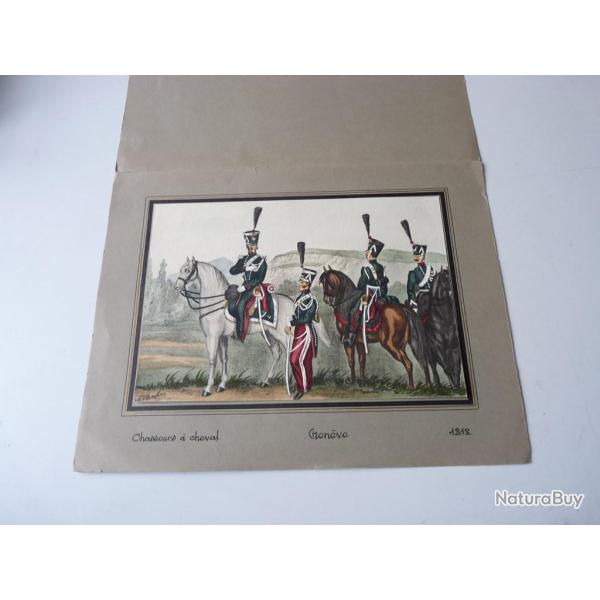 Lithographie originale A.V. ESCHER Chasseurs Gen�ve militaire