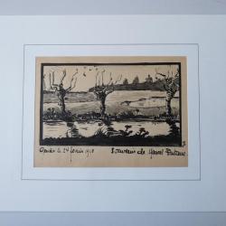 Dessin original &agrave; l'encre  Souvenir de Marcel Fontane  Gen&egrave;ve 1918