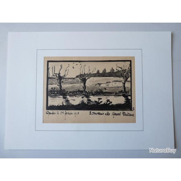 Dessin original � l'encre  Souvenir de Marcel Fontane  Gen�ve 1918