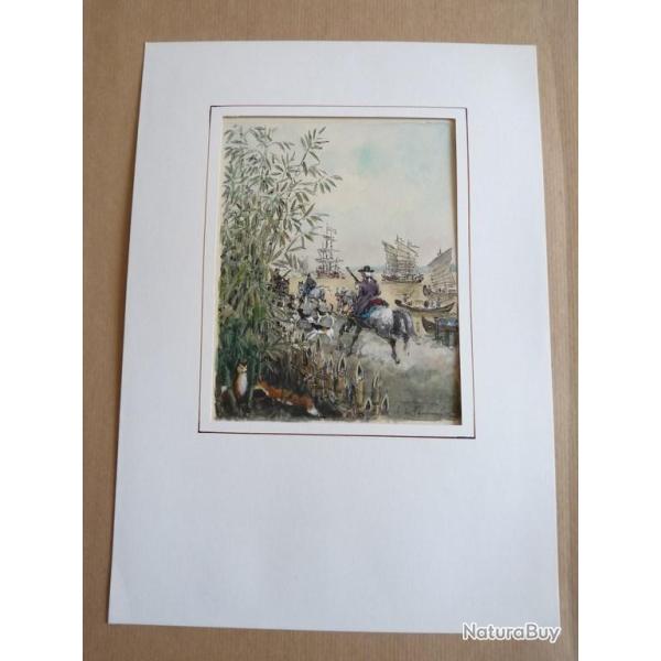 Aquarelle  Une chasse  courre de colon