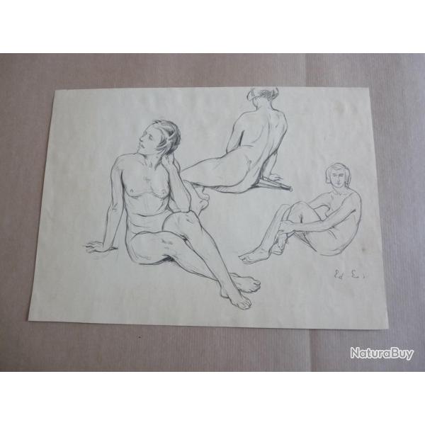 Dessin original �douard ELZINGRE �tude Femme nue