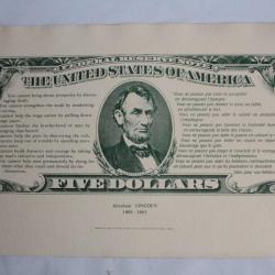 Billet géant 5 Dollars Abraham Lincoln Lithographie