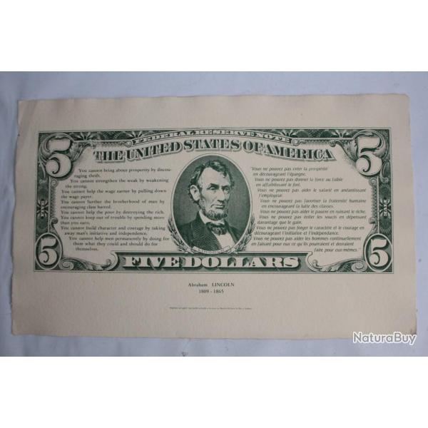 Billet g�ant 5 Dollars Abraham Lincoln Lithographie