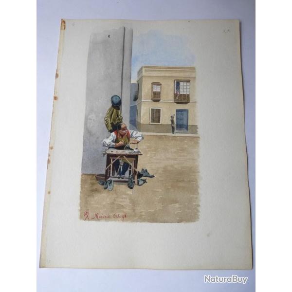 Peinture aquarelle Madrid 1896 Cordonnier Espagne