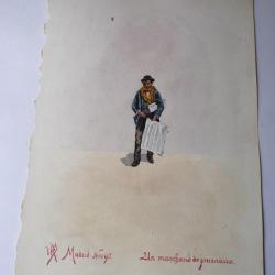 Peinture aquarelle  Un marchand de journaux   Madrid 1895 Espagne