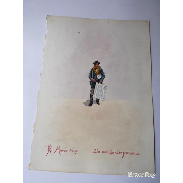 Peinture aquarelle  Un marchand de journaux   Madrid 1895 Espagne