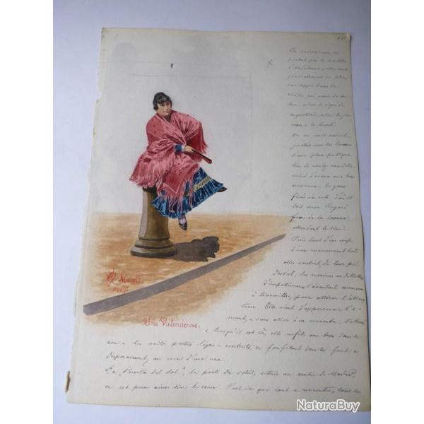 Peinture aquarelle  Une Valencienne  Madrid 1895 Espagne