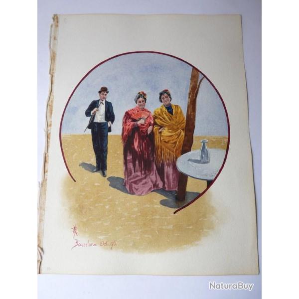 Peinture aquarelle Barcelone 1896 Espagne