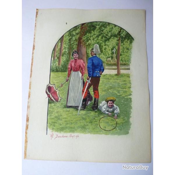 Peinture aquarelle Barcelone 1896 Espagne