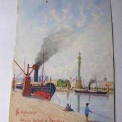 Peinture aquarelle  Un coin du port   Barcelone 1895 Espagne