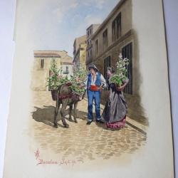 Peinture aquarelle Barcelone 1896 Espagne