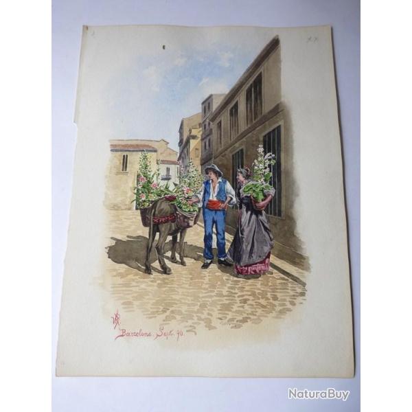 Peinture aquarelle Barcelone 1896 Espagne