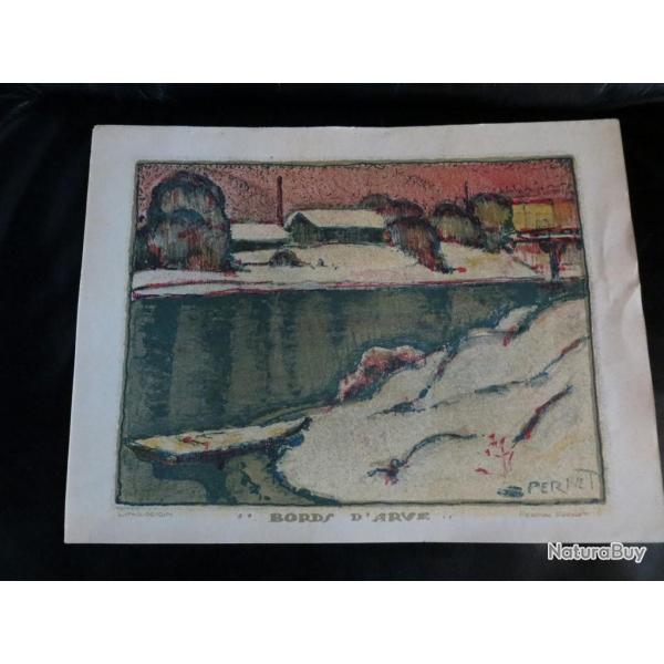 Lithographie  Bords d'Arve  Percival Pernet