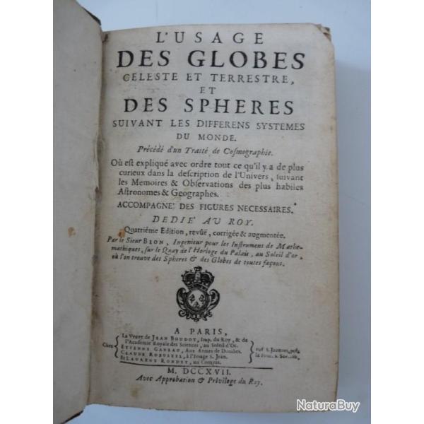 Livre L'usage des globes c�leste et terrestre cosmographie 1717