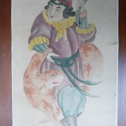 Ancien Dessin original &agrave; l'encre rehauss&eacute; en couleurs Japon Chine Asie