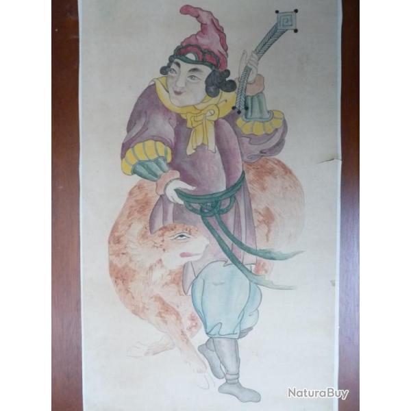 Ancien Dessin original � l'encre rehauss� en couleurs Japon Chine Asie