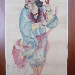 Ancien Dessin original &agrave; l'encre rehauss&eacute; en couleurs Japon Chine Asie