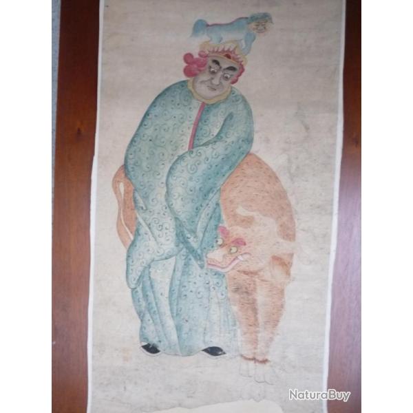 Ancien Dessin original � l'encre rehauss� en couleurs Japon Chine Asie