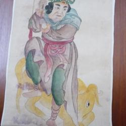 Ancien Dessin original &agrave; l'encre rehauss&eacute; en couleurs Japon Chine Asie