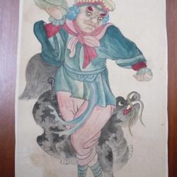 Ancien Dessin original &agrave; l'encre rehauss&eacute; en couleurs Japon Chine Asie