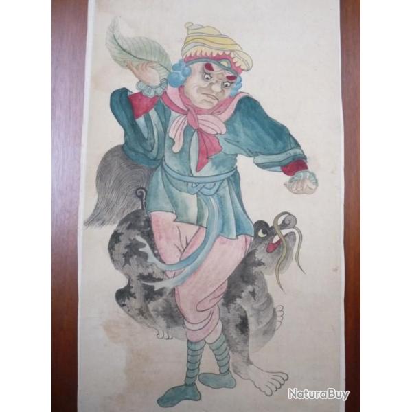 Ancien Dessin original � l'encre rehauss� en couleurs Japon Chine Asie