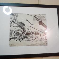 Dessin original No&euml;l MARTINETTI 1950 chevaux course Sulky