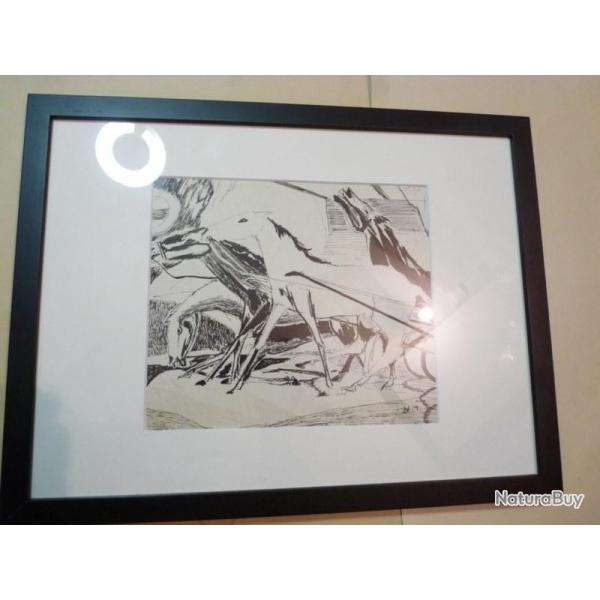 Dessin original No�l MARTINETTI 1950 chevaux course Sulky