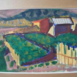 Peinture Aquarelle Moderne 1958 Signée Ferme Jardin