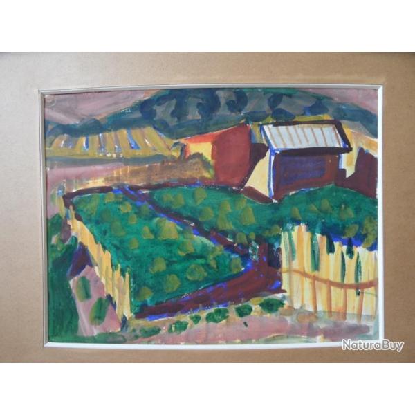 Peinture Aquarelle Moderne 1958 Signe Ferme Jardin
