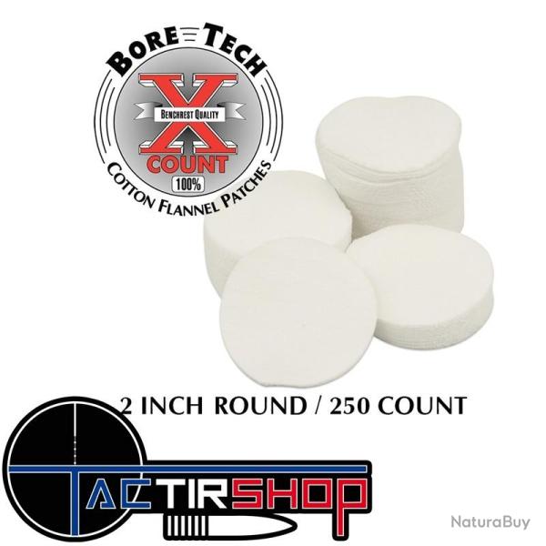 250 Patchs ronds Bore Tech 2" Calibre .308 Cal., .338 Cal., .40 Cal., 10 mm, .44 Cal., .45 Cal.