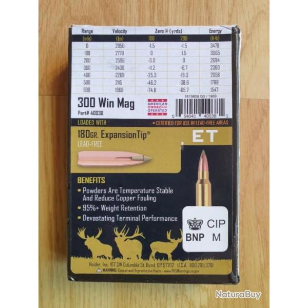 .300 win mag Nosler eta 180gr ET SP boite 20