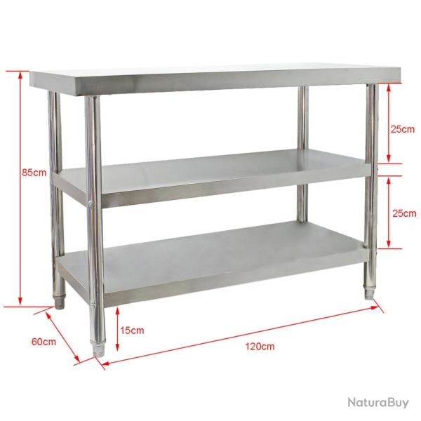 Table de travail acier affin� 120 x 60 x 85 cm 2 �tag�res pieds r�glables en hauteur 16_0002498