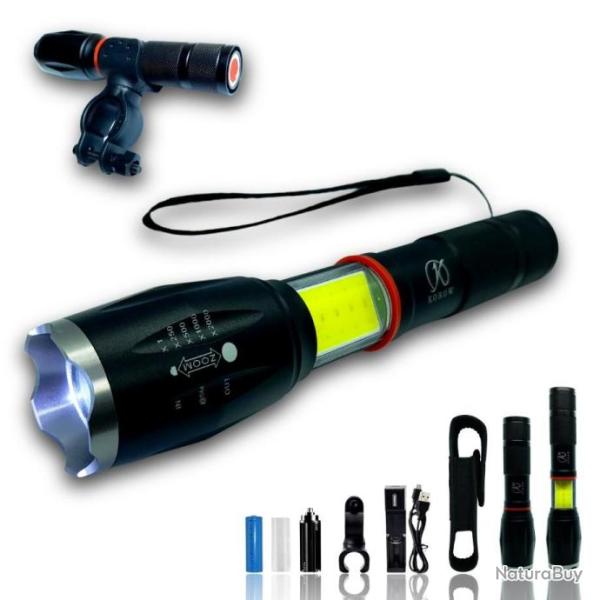 Lampe Torche LED Puissante USB Rechargeable + Batterie Litthium + Chargeur + Housse + Support