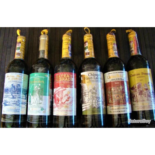SUPER SERIE DE 6 GRANDS VINS DE BORDEAUX ANNEES 2000- ETIQUETTES DESSINEES PAR DES HUMORISTES CONNUS