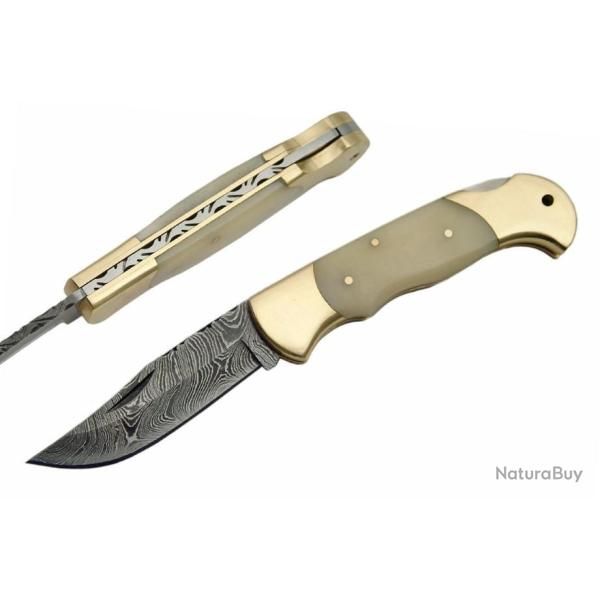 Couteau Damas Pliant Manche Os Lame 128 Couches Lockback DM1162BO