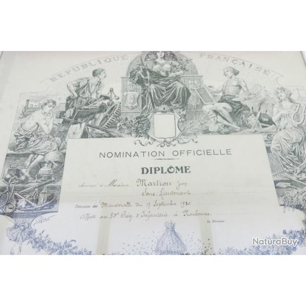 VENDU PAR CUIRASSIER11 DIPLOME  NOMINATION OFFICIELLE AFFECTATION D'1 OFFICIER  REGIMENT DE NARBONNE