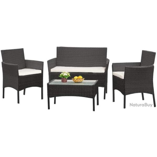 TOP ENCHERE - Salon de jardin en rotin noir - Ensemble 4 pices - Livraison gratuite et rapide