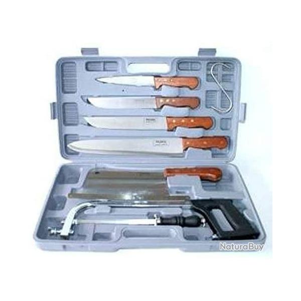 Couteau de Chasse D�coupe de Gibier CERF SANGLIER Ecarteur Scie Valise de Coutellerie 8 Pi�ces