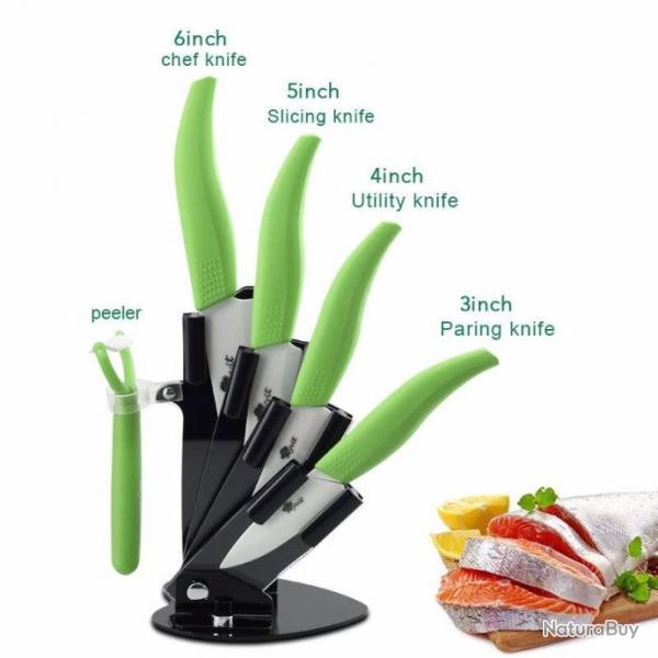 Set 4 couteaux de cuisine c�ramique avec support vert