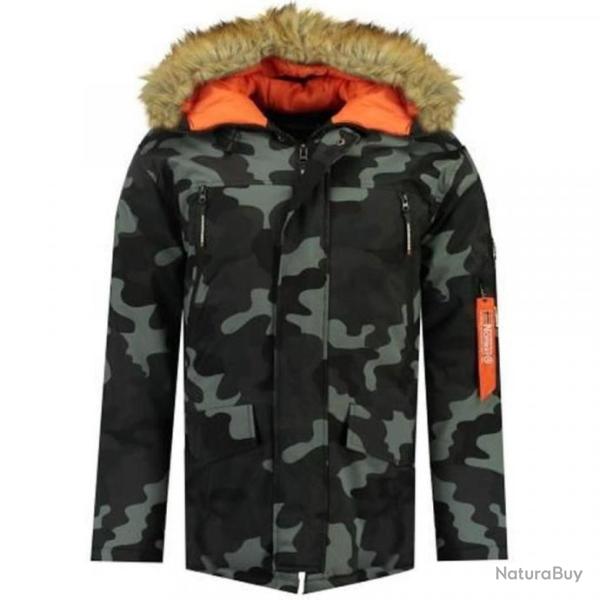 Parka noir camouflage � capuche et fourrure - LIVRAISON GRATUITE ET RAPIDE