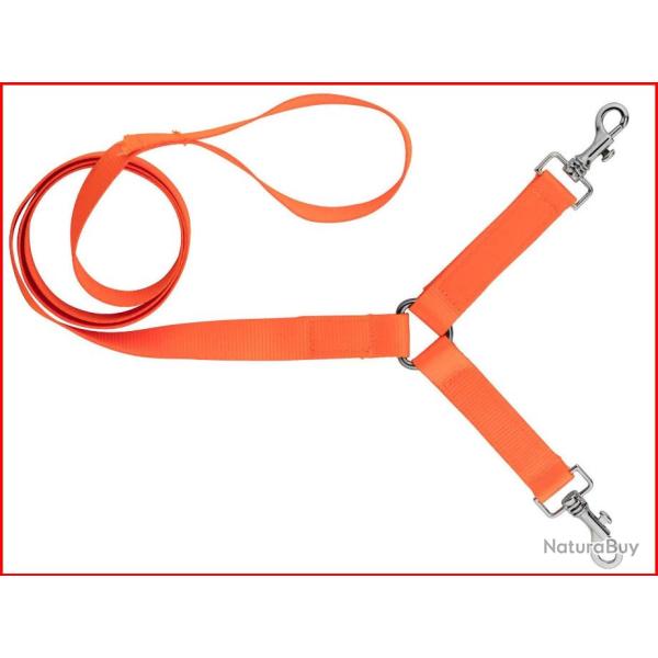 Laisse 1,30 m Country sangle nylon 2 chiens orange fluo