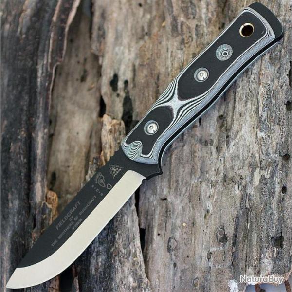 Couteau de Survie Tops BOB. Hunter Bushcraft Acier 1095 Manche G-10 Black/White Etui USA TPBROSWB